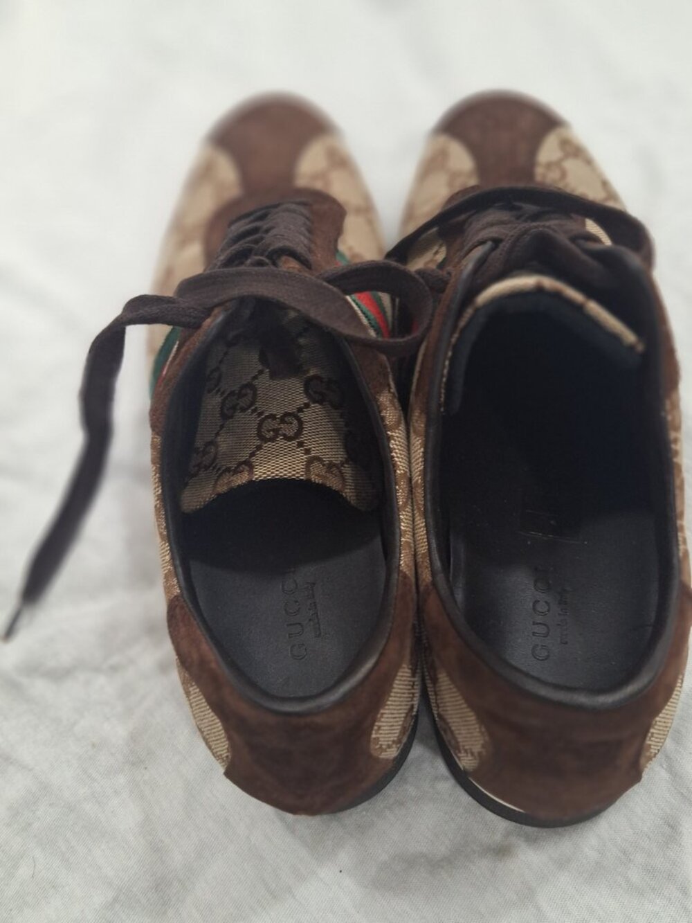 Gucci Shoes Brown/Beige Guccissima Canvas Suede Web Low Top Sneakers Sz 9b - Picture 3 of 6